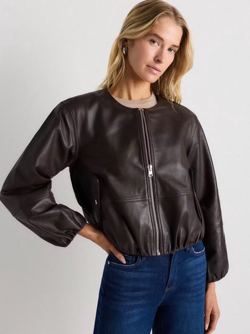 Women’s Dark Brown Leather Zip Bomber Jacket